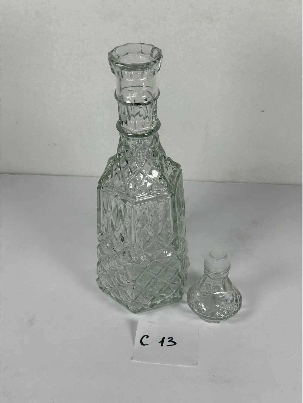 Vintage Clear Glass Decanter Diamond Cut Pattern Barware C 13